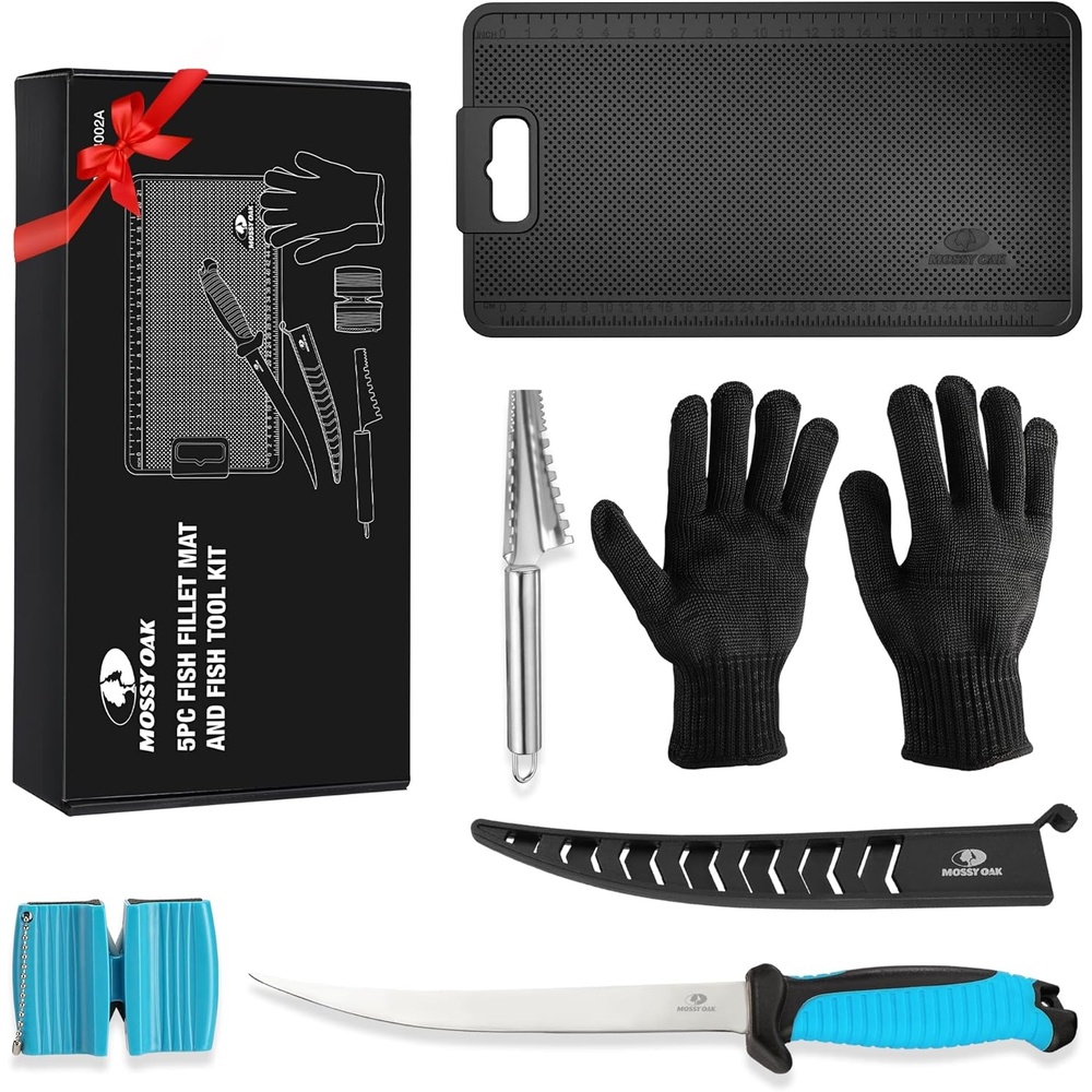 image:imageMossy Oak Fish Fillet Knife Set 5 PCS Fish Cleaning Kit Includes 7 Fishing Knife NonSlip Fish Fillet Mat Knife Sharpener Fish Scaler Remover and Cut Resistant Gloves Fishing Accessories Gifts