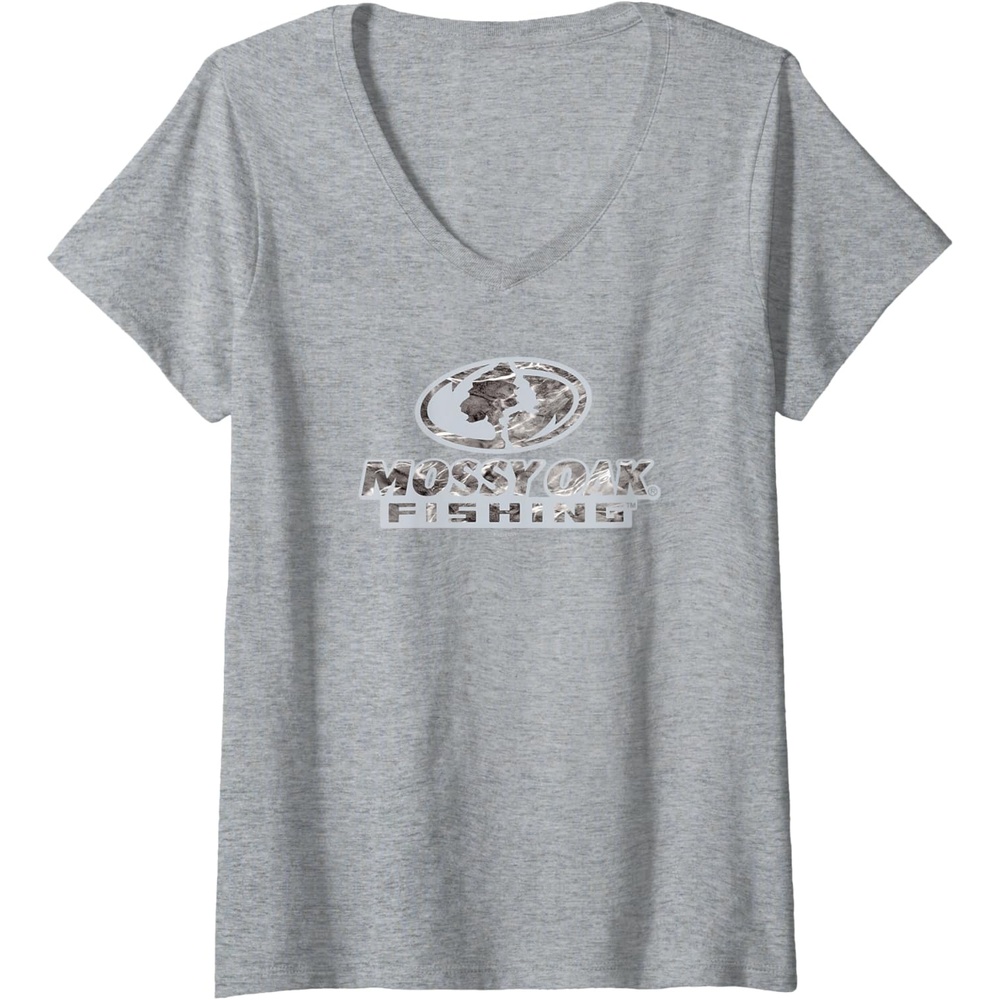 image:imageWomens Mossy Oak Fishing Open Water Classic Grey Logo VNeck TShirtHeather Grey