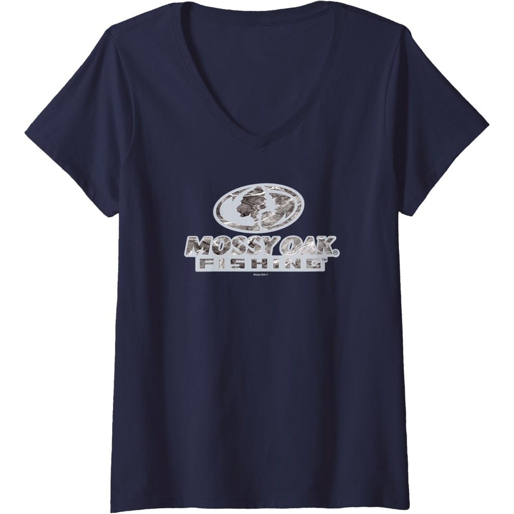 image:imageWomens Mossy Oak Fishing Open Water Classic Grey Logo VNeck TShirtNavy Blue
