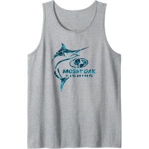 Mossy Oak Fishing Marlin Target Ocean Outdoors Blue Logo Tank Top(Heather Grey)