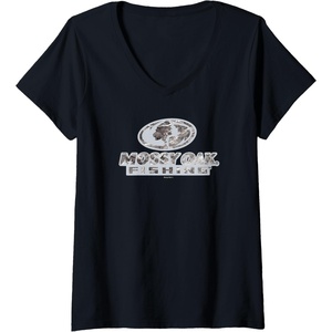 Womens Mossy Oak Fishing Open Water Classic Grey Logo V-Neck T-Shirt(Black)
