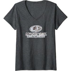 Womens Mossy Oak Fishing Open Water Classic Grey Logo V-Neck T-Shirt(Dark Heather Grey)