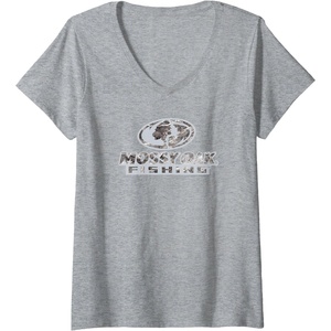 Womens Mossy Oak Fishing Open Water Classic Grey Logo V-Neck T-Shirt(Heather Grey)