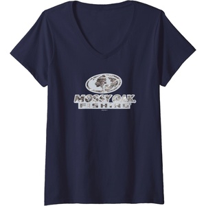 Womens Mossy Oak Fishing Open Water Classic Grey Logo V-Neck T-Shirt(Navy Blue)