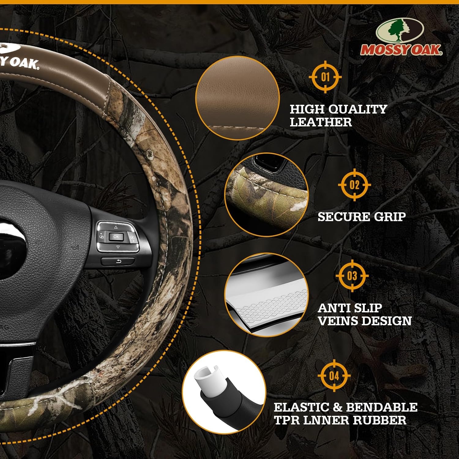 image:imageMossy Oak Camo Steering Wheel Cover Universal 15 inch Made with Premium PVC Leather and Cotton Fabric Official Licensed ProductBeige