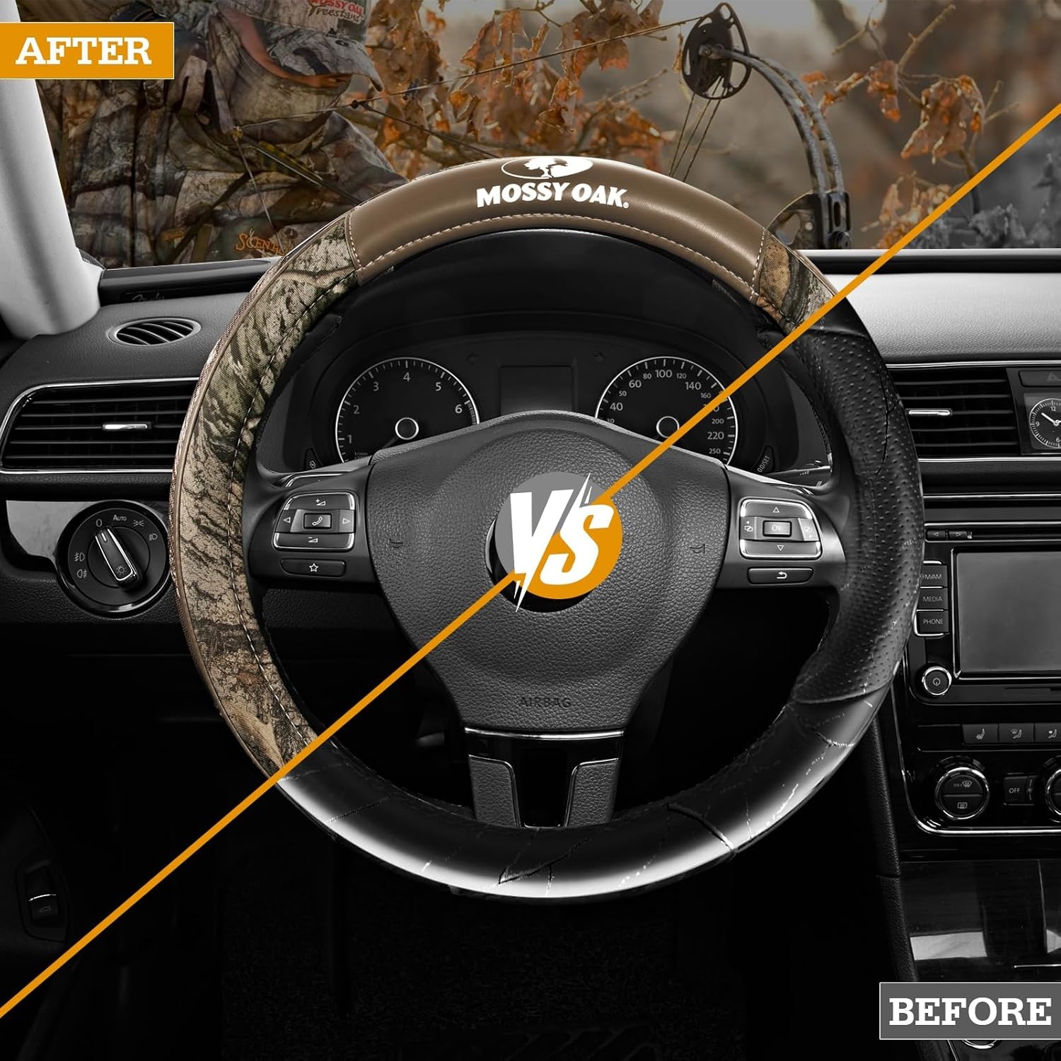 image:imageMossy Oak Camo Steering Wheel Cover Universal 15 inch Made with Premium PVC Leather and Cotton Fabric Official Licensed ProductBeige