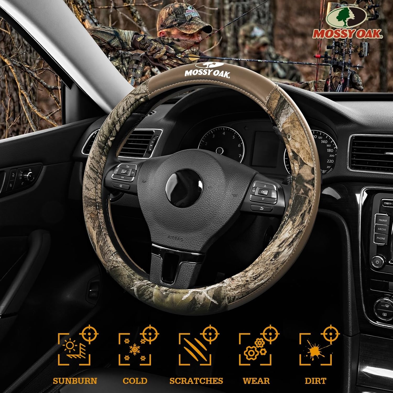 image:imageMossy Oak Camo Steering Wheel Cover Universal 15 inch Made with Premium PVC Leather and Cotton Fabric Official Licensed ProductBeige