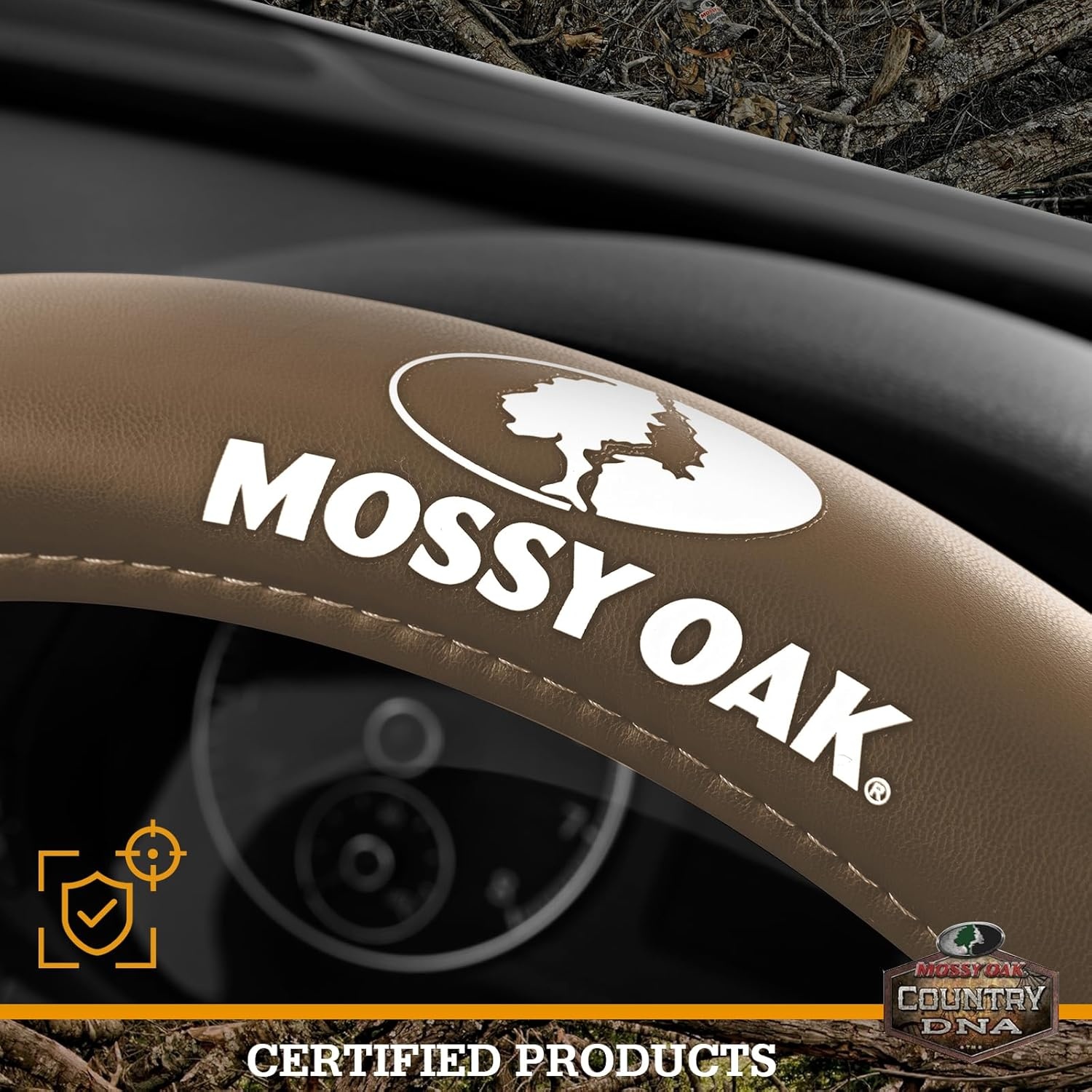image:imageMossy Oak Camo Steering Wheel Cover Universal 15 inch Made with Premium PVC Leather and Cotton Fabric Official Licensed ProductBeige