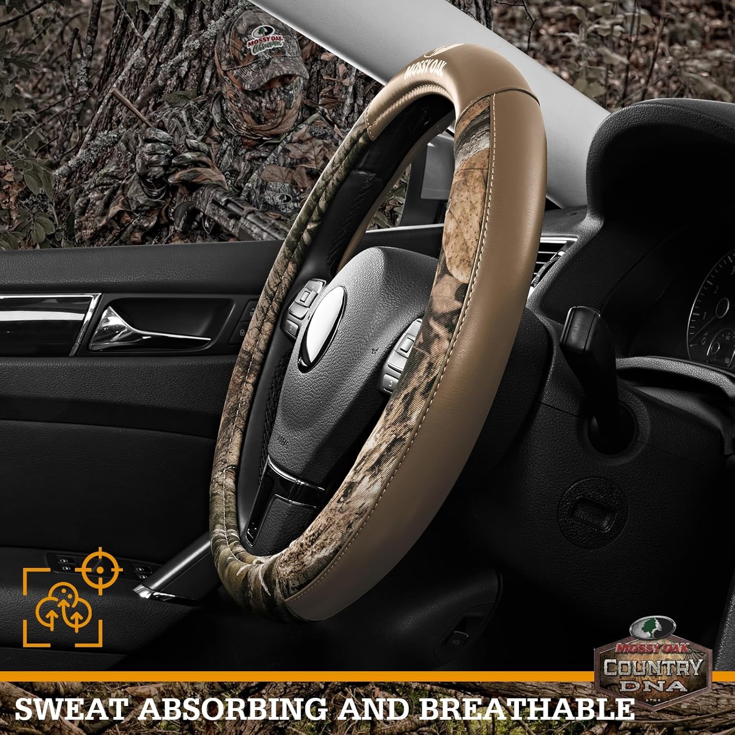 image:imageMossy Oak Camo Steering Wheel Cover Universal 15 inch Made with Premium PVC Leather and Cotton Fabric Official Licensed ProductBeige