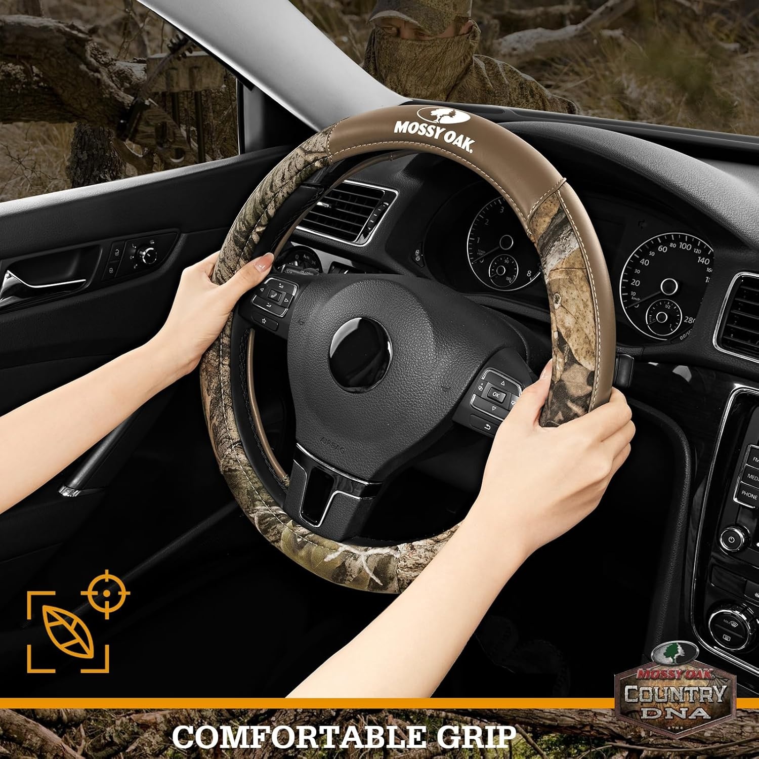 image:imageMossy Oak Camo Steering Wheel Cover Universal 15 inch Made with Premium PVC Leather and Cotton Fabric Official Licensed ProductBeige