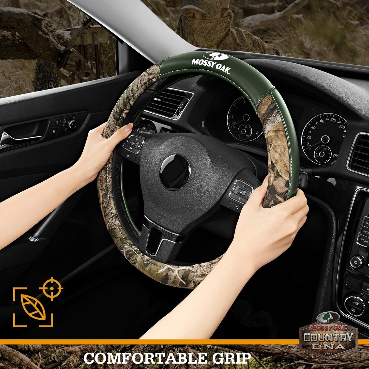 image:imageMossy Oak Camo Steering Wheel Cover Universal 15 inch Made with Premium PVC Leather and Cotton Fabric Official Licensed ProductGreen