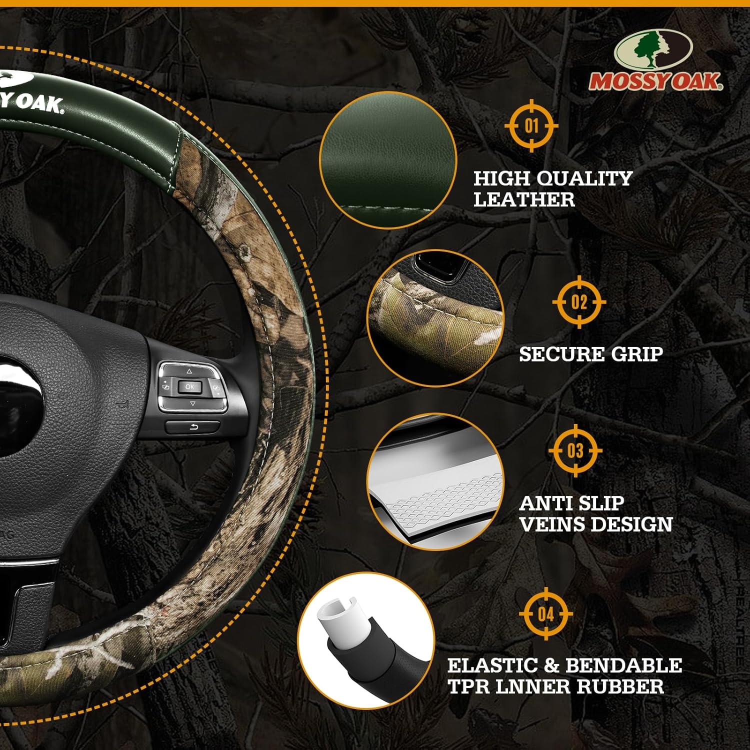 image:imageMossy Oak Camo Steering Wheel Cover Universal 15 inch Made with Premium PVC Leather and Cotton Fabric Official Licensed ProductGreen