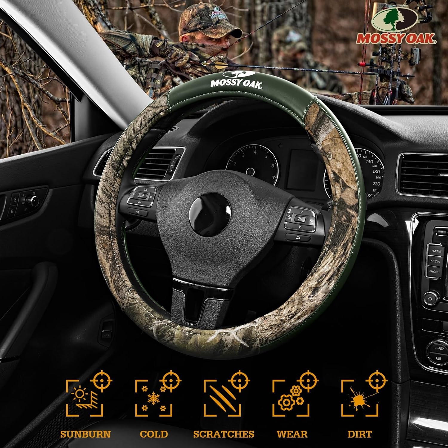 image:imageMossy Oak Camo Steering Wheel Cover Universal 15 inch Made with Premium PVC Leather and Cotton Fabric Official Licensed ProductGreen