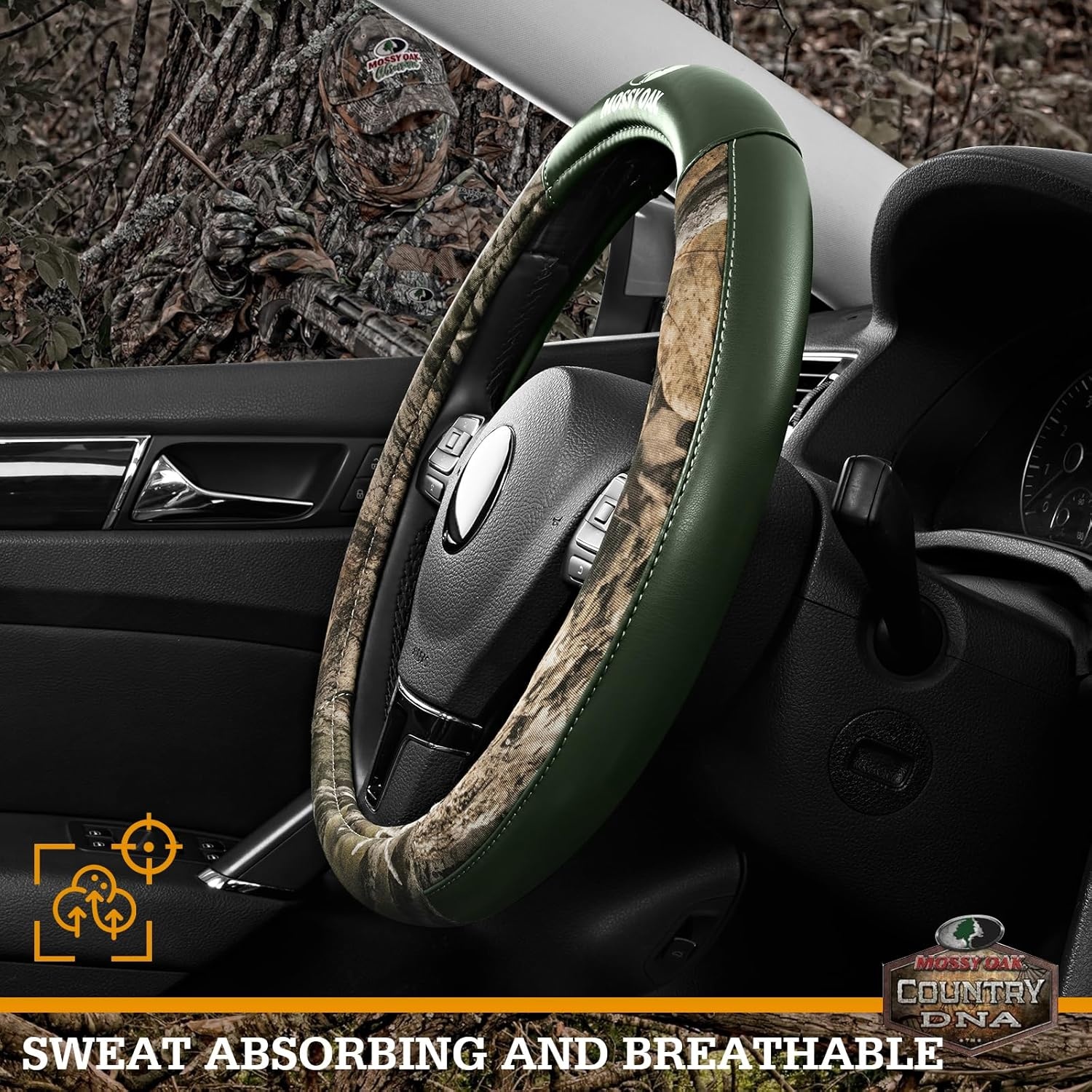 image:imageMossy Oak Camo Steering Wheel Cover Universal 15 inch Made with Premium PVC Leather and Cotton Fabric Official Licensed ProductGreen