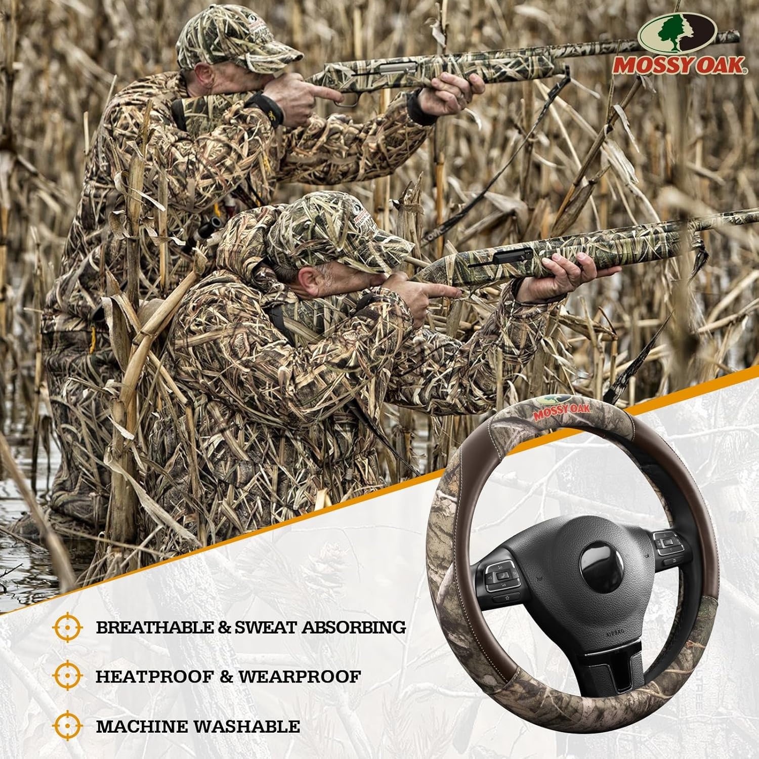 image:imageMossy Oak Full Camo Steering Wheel Cover Made from Premium Leather Universal Fit for 14 12 to 15 inches Official Licensed Product Beige ColorBROWN
