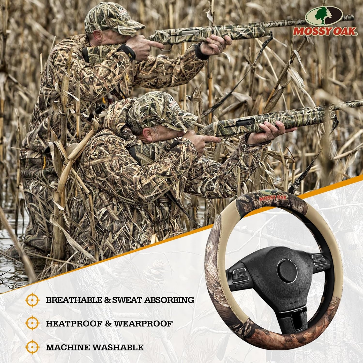 image:imageMossy Oak Full Camo Steering Wheel Cover Made from Premium Leather Universal Fit for 14 12 to 15 inches Official Licensed Product Beige ColorBeige