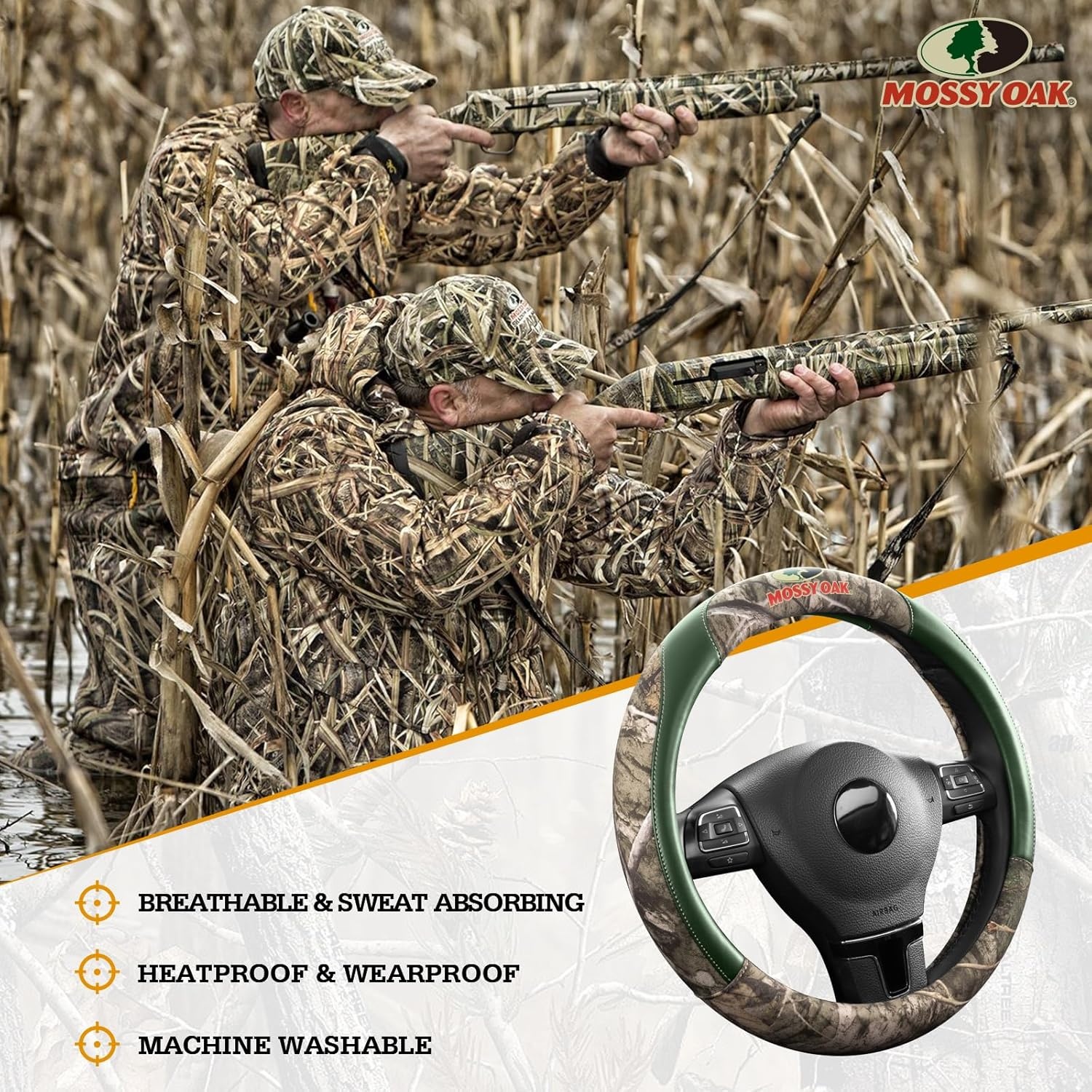 image:imageMossy Oak Full Camo Steering Wheel Cover Made from Premium Leather Universal Fit for 14 12 to 15 inches Official Licensed Product Beige ColorGREEN