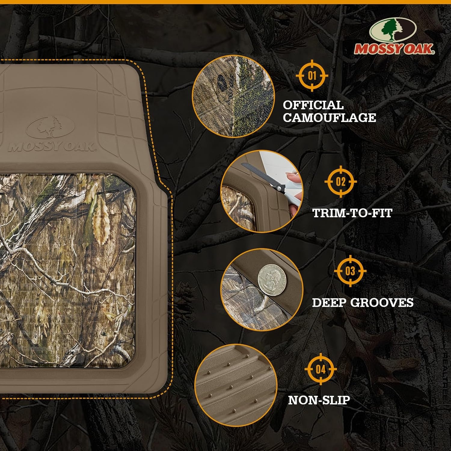 image:imageMossy Oak Heavy Duty Deep Dish Rubber Floor Mats Front and Rear Car Mats with AntiSlip Backing All Weather Protection Trim to Fit for Car SUV Van Trucks Beige Official Licensed ProductBeige
