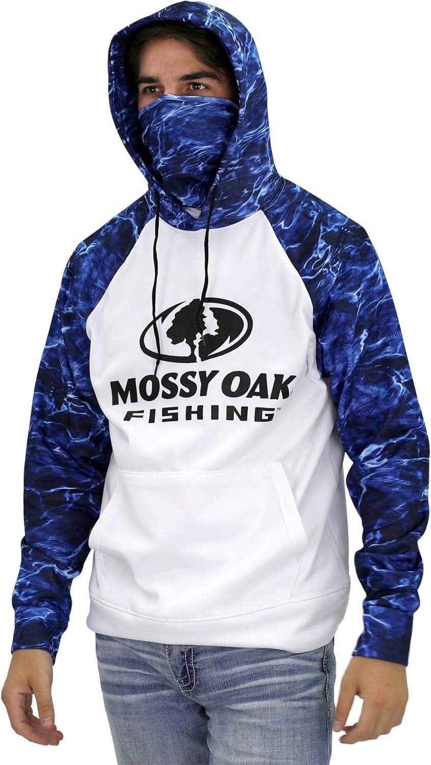 image:imageMossy Oak Mens Fishing Hoodie UV SPF Sun Protection Camo Fishing Sweatshirt with Face Mask GaiterBlue