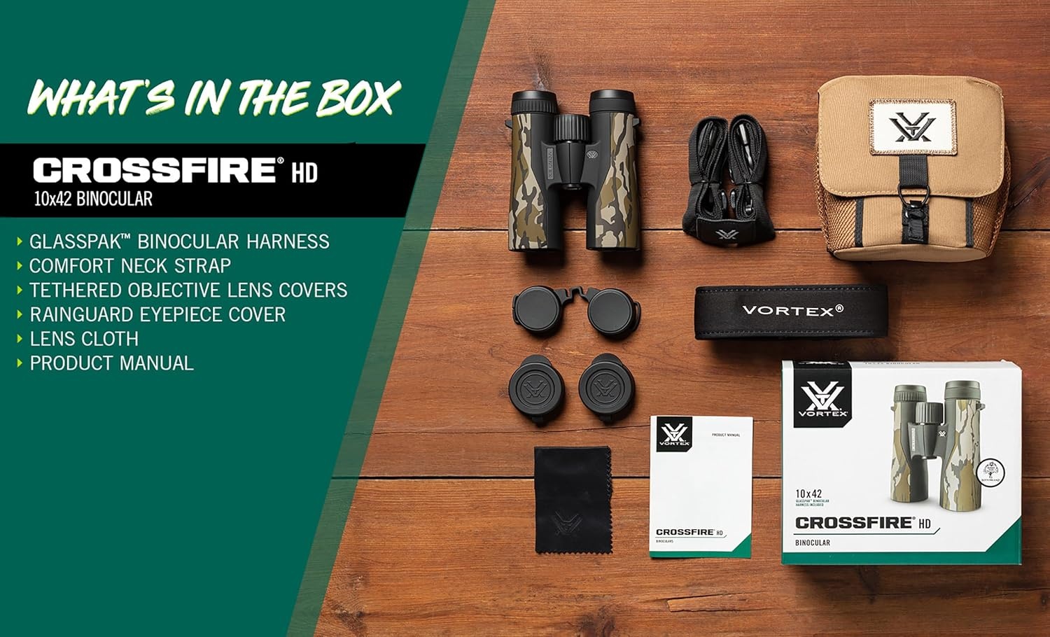 image:imageVortex Crossfire HD 10x42 Binoculars Mossy Oak Bottomland HD Optical System Tripod Adaptable Rubber Armor Waterproof Fogproof Shockproof Included GlassPak Unlimited Unconditional WarrantyMossy Oak Bottomland