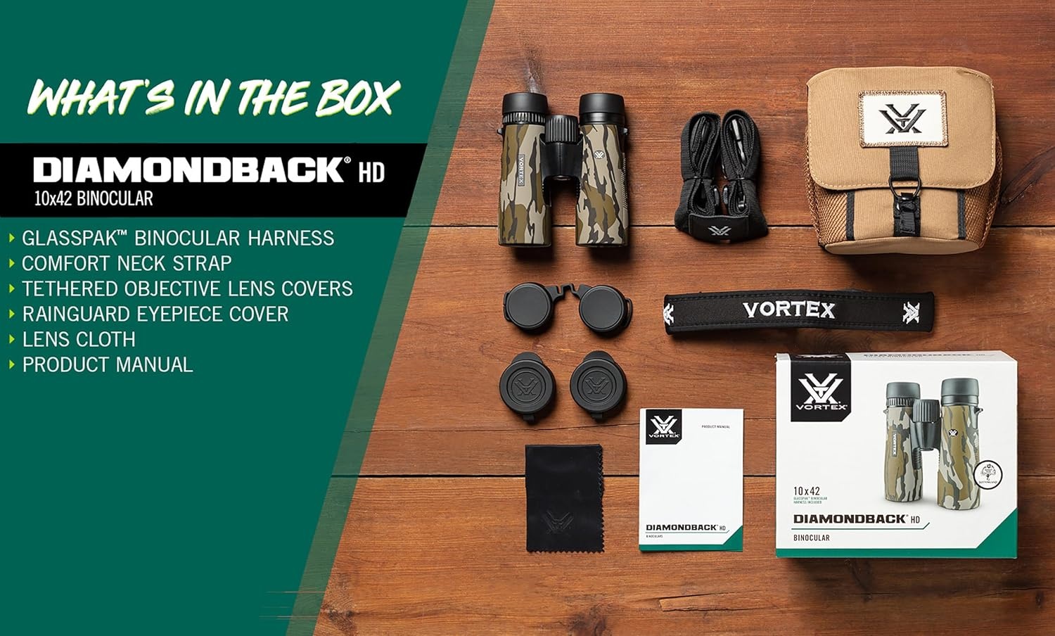 image:imageVortex Diamondback HD 10x42 Binoculars Mossy Oak Bottomland HD Optical System NonSlip Grip Waterproof Fogproof Shockproof Included GlassPak Unlimited Unconditional WarrantyMossy Oak Bottomland
