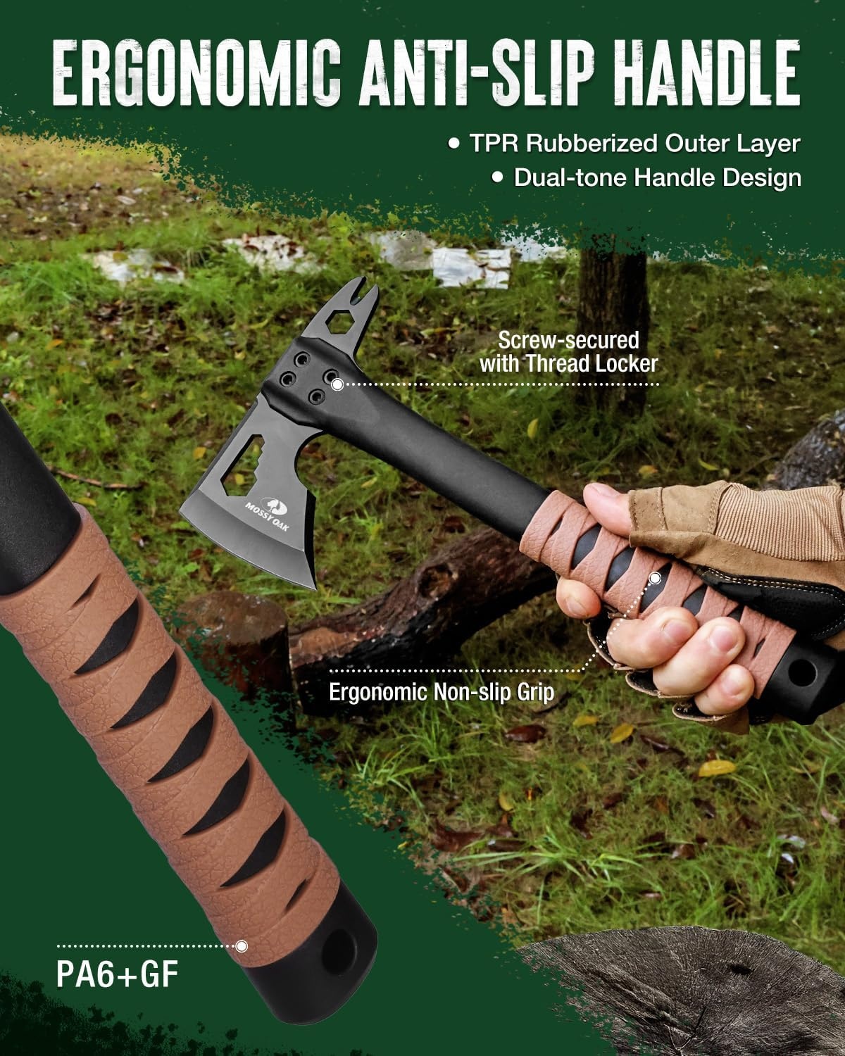 image:imageMOSSY OAK 12 Camping Axe and Survival Hatchet with Sheath Compact Outdoor Multitool Hatchet with Hex Wrench Slots NonSlip DualColor Handle Small Camping Gear for Hiking Chopping Hunting