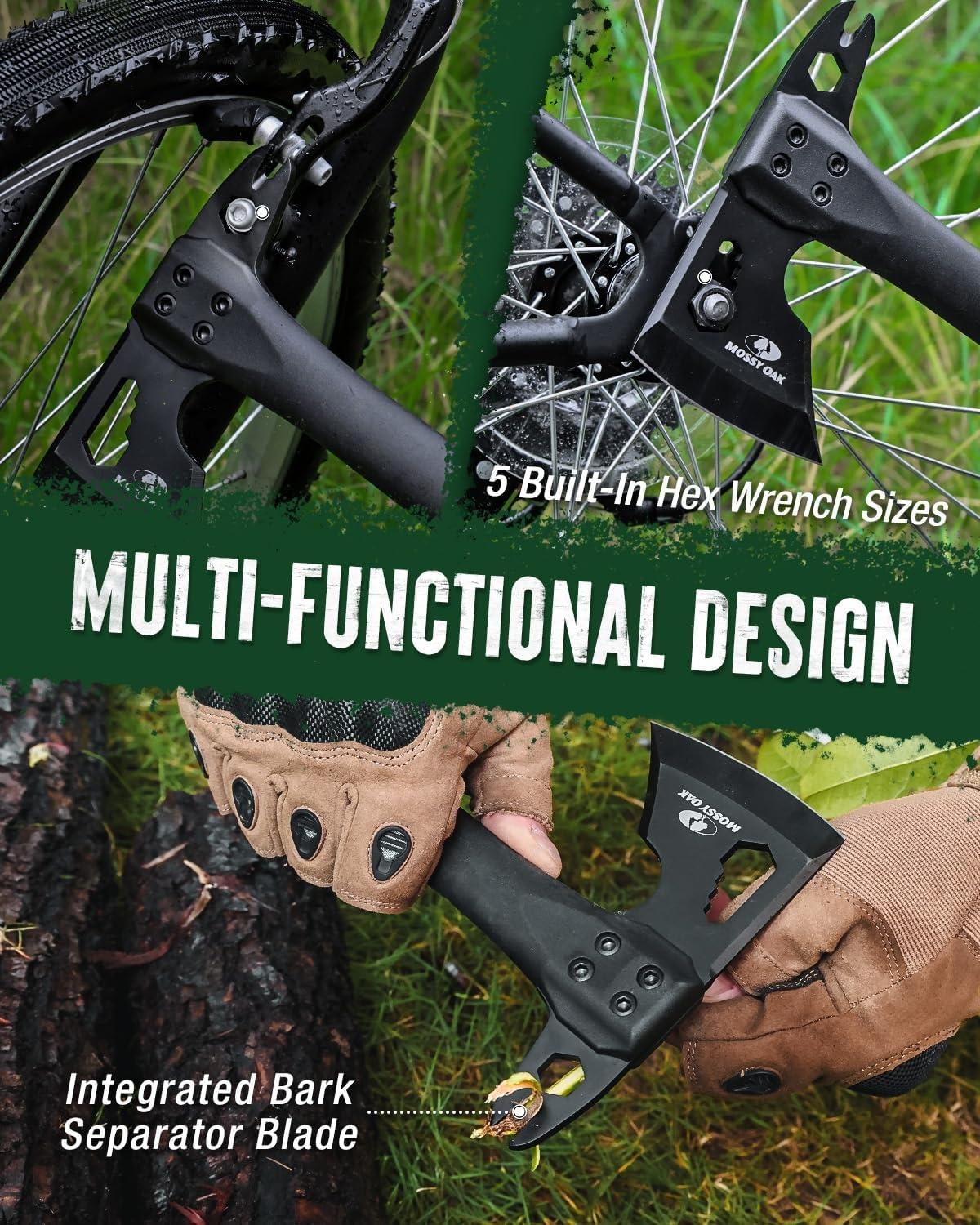 image:imageMOSSY OAK 12 Camping Axe and Survival Hatchet with Sheath Compact Outdoor Multitool Hatchet with Hex Wrench Slots NonSlip DualColor Handle Small Camping Gear for Hiking Chopping Hunting
