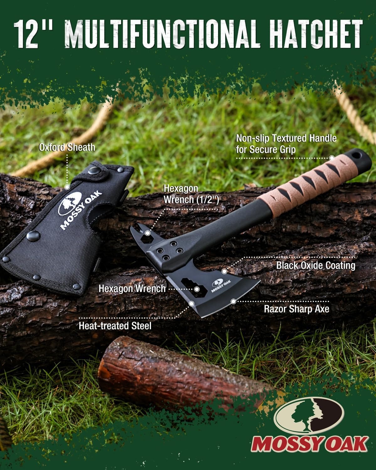 image:imageMOSSY OAK 12 Camping Axe and Survival Hatchet with Sheath Compact Outdoor Multitool Hatchet with Hex Wrench Slots NonSlip DualColor Handle Small Camping Gear for Hiking Chopping Hunting