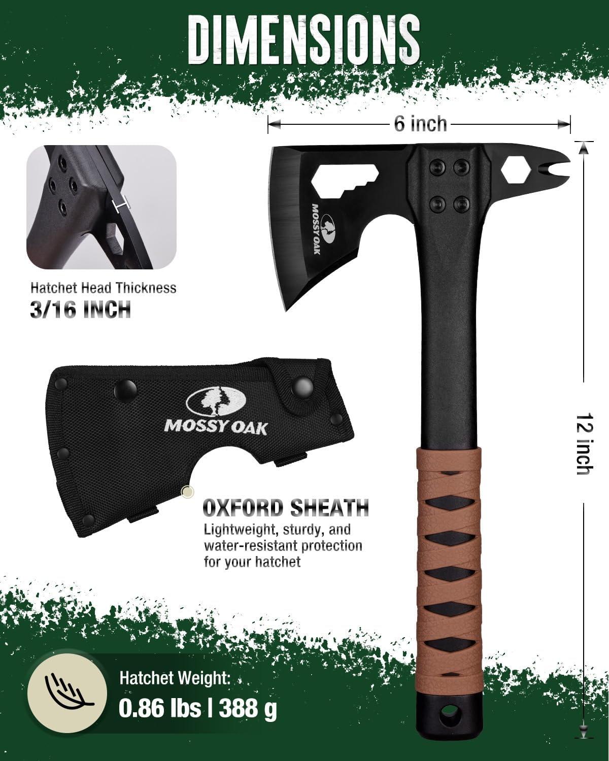 image:imageMOSSY OAK 12 Camping Axe and Survival Hatchet with Sheath Compact Outdoor Multitool Hatchet with Hex Wrench Slots NonSlip DualColor Handle Small Camping Gear for Hiking Chopping Hunting