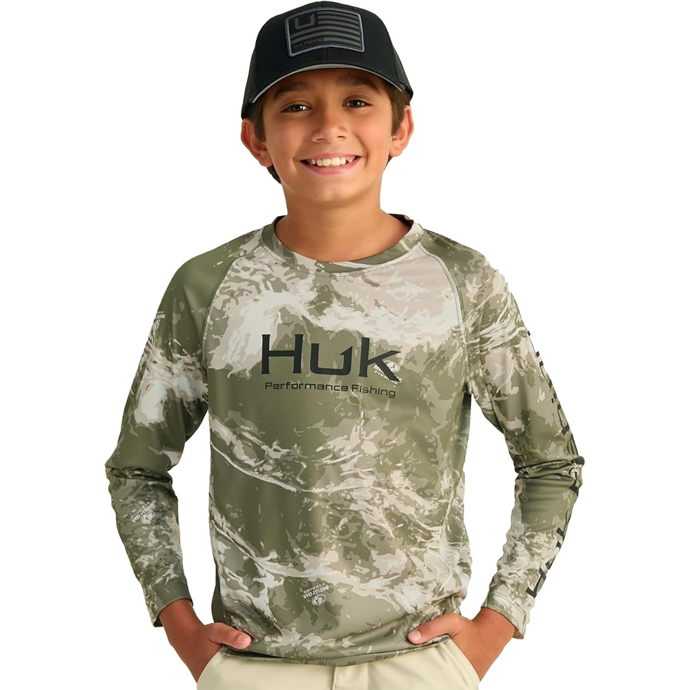 image:imageHUK Kids Pursuit Camo Crew Sleeve Shirt Performance Shirt for KidsMossy Oak Stormwater Freshwater