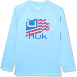 HUK Kids Pursuit Pattern Long Sleeve Shirt, Fishing Shirt for Kids(Huk Stripes – Marolina Blue)