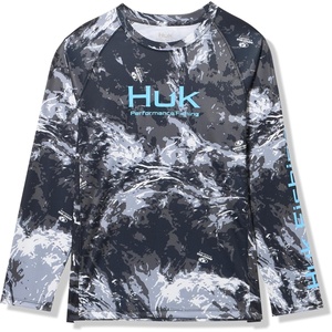 HUK Kids Pursuit Pattern Long Sleeve Shirt, Fishing Shirt for Kids(Mossy Oak Stormwater Midnight)