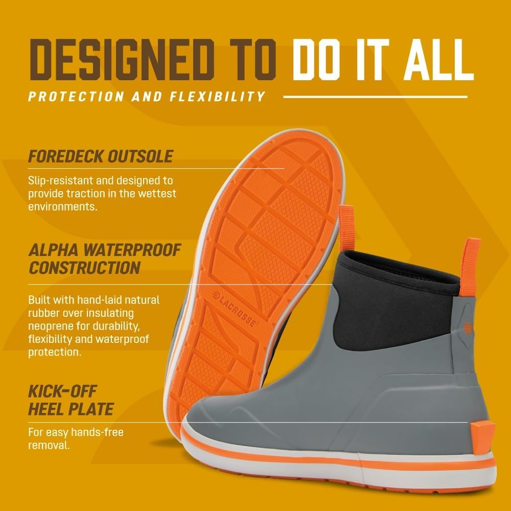 image:imageLaCrosse Alpha Deck Boot 6Inch Waterproof Shoes for Men SlipResistant Outsole amp Deck Boots for Men QuickDry AirCirc Lining amp Fishing ShoesGrayOrange