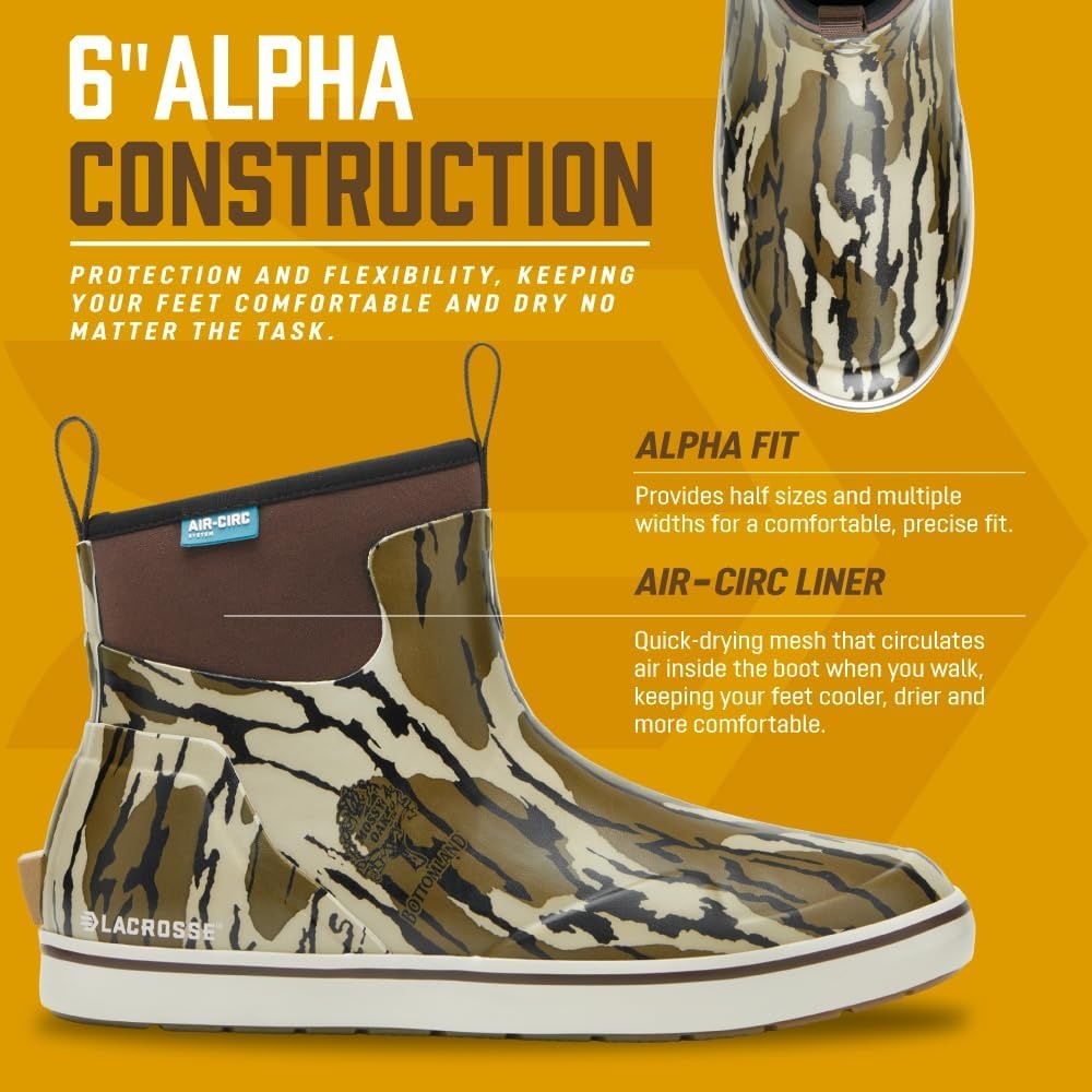 image:imageLaCrosse Alpha Deck Boot 6Inch Waterproof Shoes for Men SlipResistant Outsole amp Deck Boots for Men QuickDry AirCirc Lining amp Fishing ShoesMossy Oak Original Bottomland
