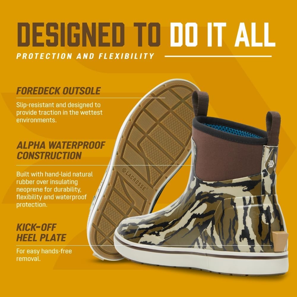 image:imageLaCrosse Alpha Deck Boot 6Inch Waterproof Shoes for Men SlipResistant Outsole amp Deck Boots for Men QuickDry AirCirc Lining amp Fishing ShoesMossy Oak Original Bottomland